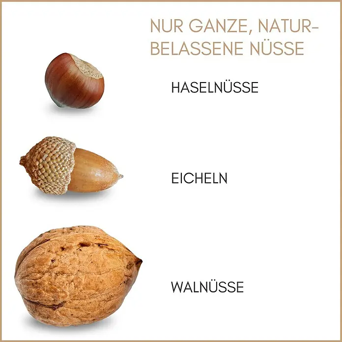 Supravit Eichhörnchenfutter - 1.000 g - Text 'Nur ganze, naturbelassene Nüsse' mit Haselnuss, Eichel und Walnuss, jeweils deutsch beschriftet.