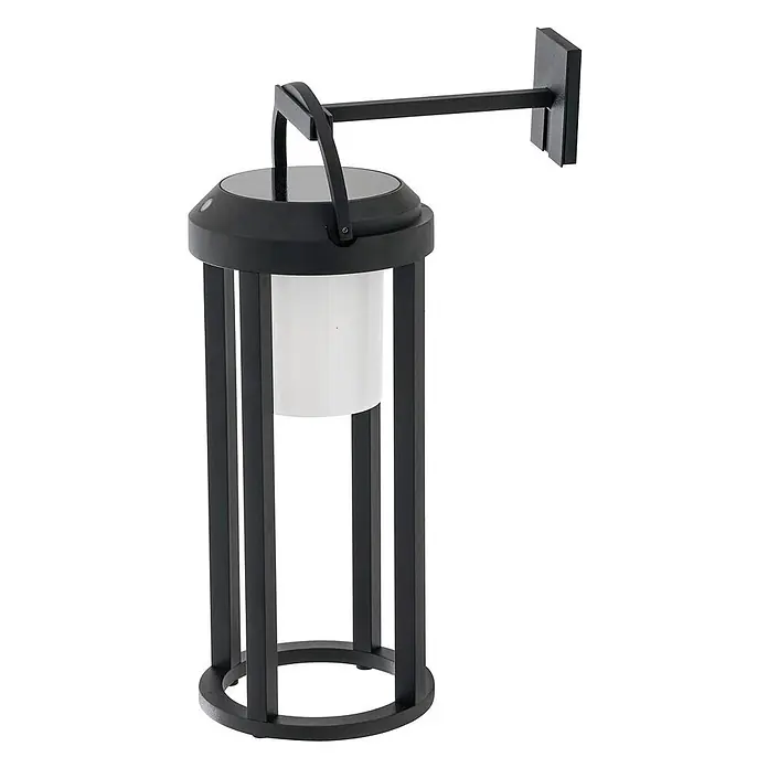 Lucande LED Solar Wandleuchte aussen in schwarz, weiß, dimmbar Aussenlampe -  - Schwarze moderne Außenwandlaterne mit weißem zylindrischem Diffusor, an einem geraden Arm montiert.