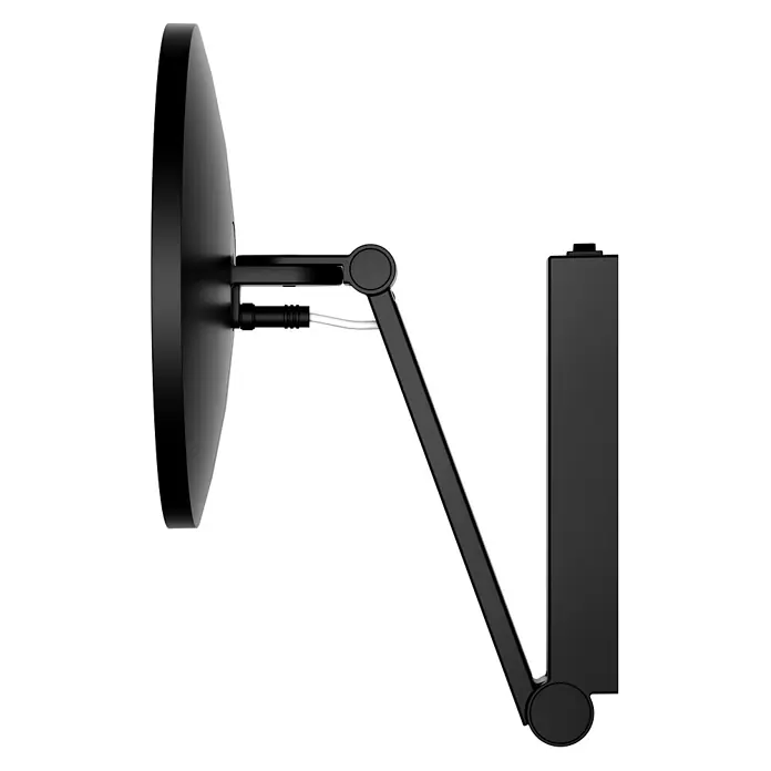 Keuco LED Kosmetikspiegel iLook move Ø20 cm, mit Wippschalter, schwarz -  - Schwarzer schwenkbarer Monitorarm hält einen Monitor, Seitenansicht.