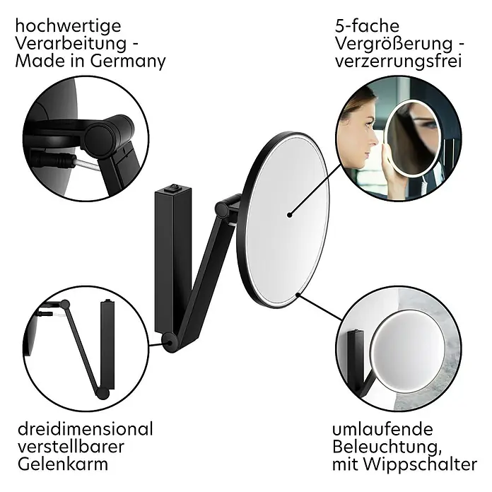 KEUCO iLook_move LED-Kosmetikspiegel rund Ø21,2 cm 5-fach schwarz matt -  - Schwarzer Wandkosmetikspiegel mit 5-facher verzerrungsfreier Vergrößerung, umlaufender Beleuchtung und 3D-Gelenkarm.