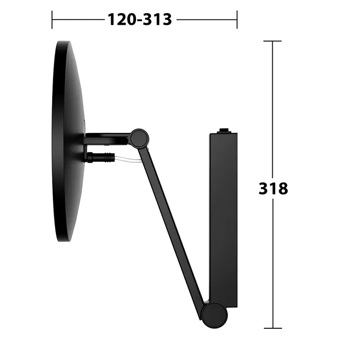 KEUCO iLook_move LED-Kosmetikspiegel rund Ø21,2 cm 5-fach schwarz matt -  - Schwarze verstellbare Wandleuchte mit rundem Kopf, Maße 120-313 mm breit, 318 mm hoch.
