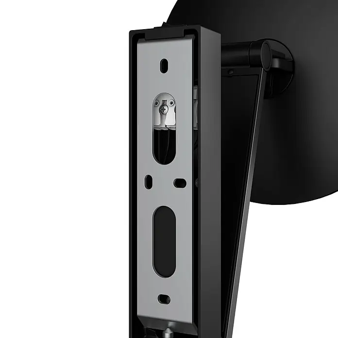 Keuco LED Kosmetikspiegel iLook move Ø20 cm, mit Wippschalter, schwarz -  - Rückansicht eines schwarzen Monitorständers mit silberner VESA-Montageplatte und Kabelmanagement.