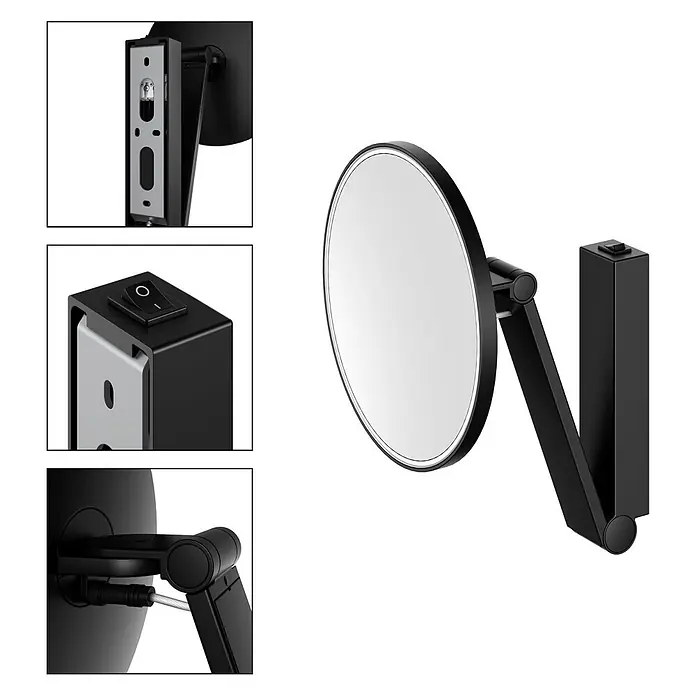 Keuco LED Kosmetikspiegel iLook move Ø20 cm, mit Wippschalter, schwarz -  - Schwarzwandmontierter Vergrößerungsspiegel mit verstellbarem Arm und Lichtschalter, Montagedetails sichtbar.