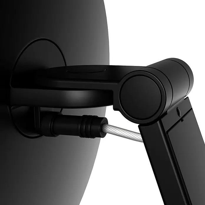 Keuco LED Kosmetikspiegel iLook move Ø20 cm, mit Wippschalter, schwarz -  - Schwarzer Gelenkarm mit einem silbernen Kabel, das an einem schwarzen Gerät angeschlossen ist.