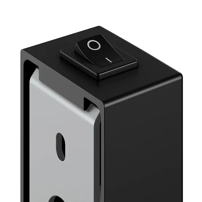 KEUCO iLook_move LED-Kosmetikspiegel rund Ø21,2 cm 5-fach schwarz matt -  - Schwarzes Gerätegehäuse mit schwarzem Kippschalter (Ein/Aus-Symbole) und sichtbarem silbernem Innenbauteil.
