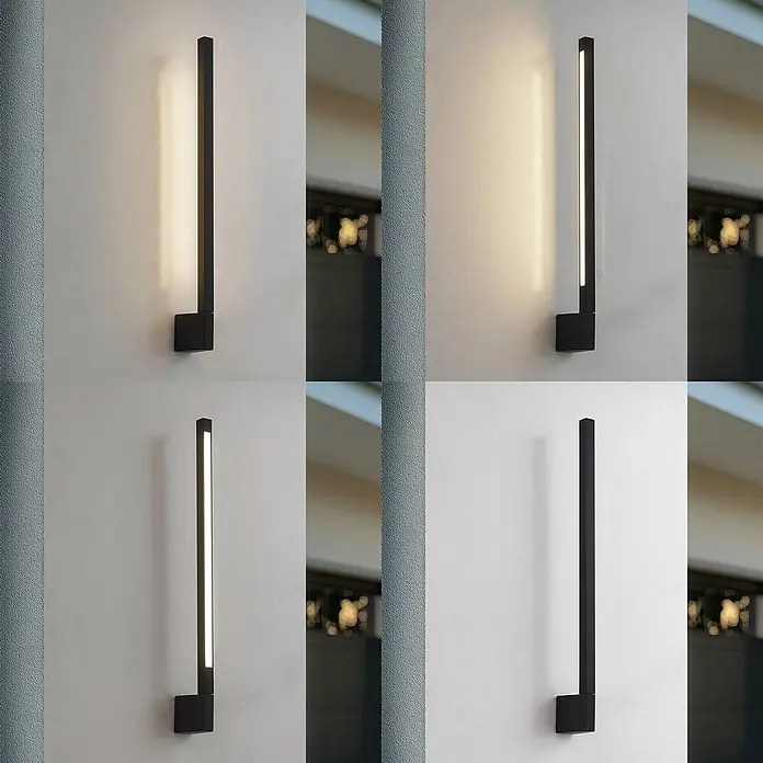 Lindby LED Wandleuchte aussen in schwarz, weiß, Aussenlampe Wand -  - Schwarze vertikale Wandleuchte mit rechteckigem Sockel, beleuchtet in verschiedenen Modi und ausgeschaltet.