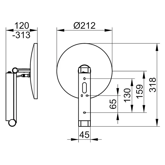 Keuco Kosmetikspiegel iLook_move - Durchmesser: 21,2 cm, Rund, Chrom, Vergrößerung 1: 500 % - Technische Zeichnung eines wandmontierten Rundspiegels mit verstellbarem Arm, Seiten- und Vorderansicht mit Maßen.
