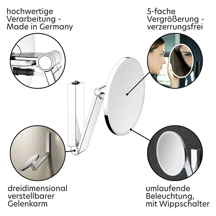 Keuco Kosmetikspiegel iLook_move - Durchmesser: 21,2 cm, Rund, Chrom, Vergrößerung 1: 500 % - Wandmontierter Vergrößerungsspiegel mit dreidimensional verstellbarem Gelenkarm, umlaufender Beleuchtung, Wippschalter und 5x Vergrößerung.