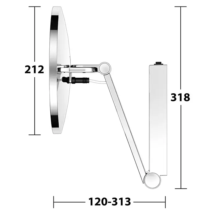 Keuco Kosmetikspiegel iLook_move - Durchmesser: 21,2 cm, Rund, Chrom, Vergrößerung 1: 500 % - Ausziehbarer verchromter Wandspiegel mit Gelenkarm und dargestellten Maßen.