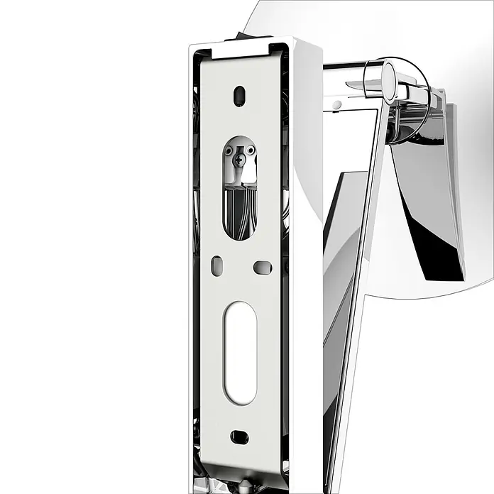 Keuco Kosmetikspiegel iLook_move - Durchmesser: 21,2 cm, Rund, Chrom, Vergrößerung 1: 500 % - Polierte Chrom-Armatur, Innenansicht mit weißer Montageplatte, Schraube und dunkler Verkabelung.