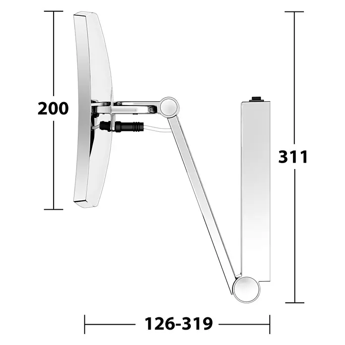Keuco Kosmetikspiegel iLook_move - Eckig, Chrom, Vergrößerung 1: 500 % - Verchromter Wand-Kosmetikspiegel mit verstellbarem Arm, zeigt Maße 200, 311 und 126-319 mm an.