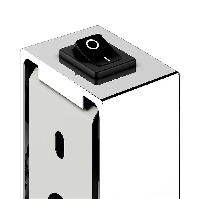 Keuco Kosmetikspiegel iLook_move - Eckig, Chrom, Vergrößerung 1: 500 % - Schwarzer Wippschalter mit Ein/Aus-Symbolen auf einem rechteckigen Chromgehäuse.