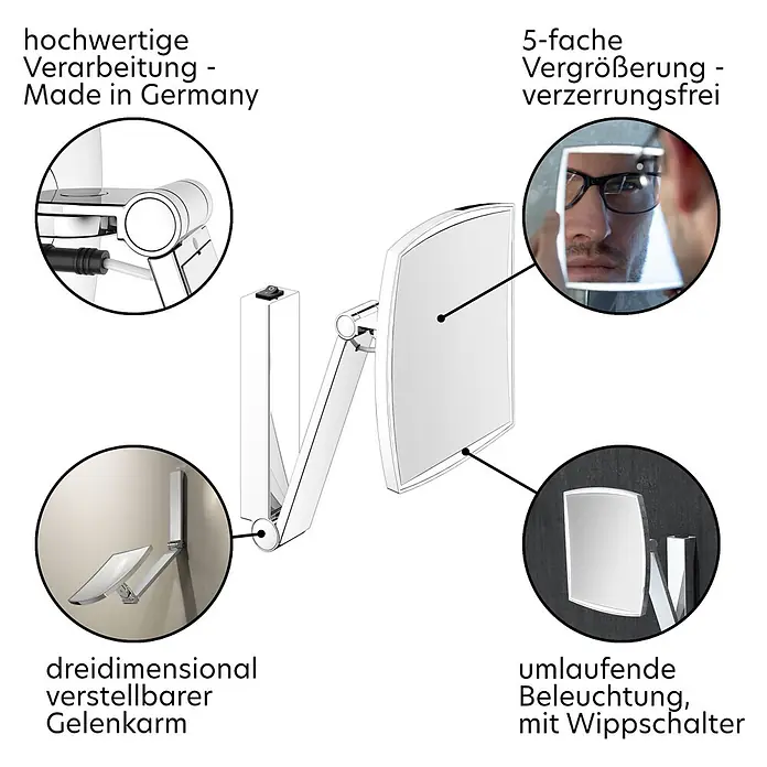 Keuco Kosmetikspiegel iLook_move - Eckig, Chrom, Vergrößerung 1: 500 % - Wandkosmetikspiegel mit 3D-verstellbarem Gelenkarm, 5x verzerrungsfreier Vergrößerung und umlaufender Beleuchtung mit Wippschalter, Made in Germany.