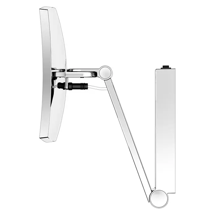 Keuco Kosmetikspiegel iLook_move - Eckig, Chrom, Vergrößerung 1: 500 % - Chromer Wandspiegel mit Gelenkarm, von der Seite gezeigt.