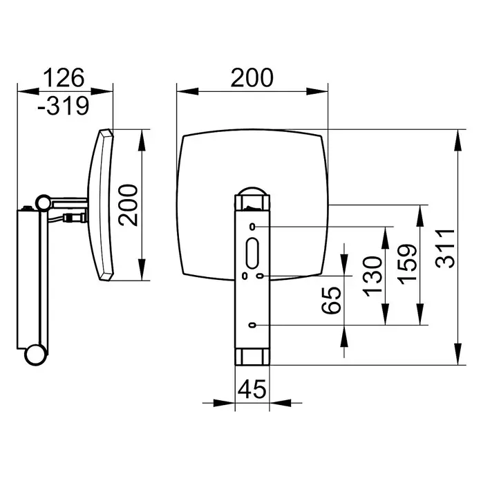 Keuco Kosmetikspiegel iLook_move - Eckig, Chrom, Vergrößerung 1: 500 % - Technische Zeichnung eines Wandgeräts, 200x200mm, mit verstellbarer Tiefe von 126-319mm.