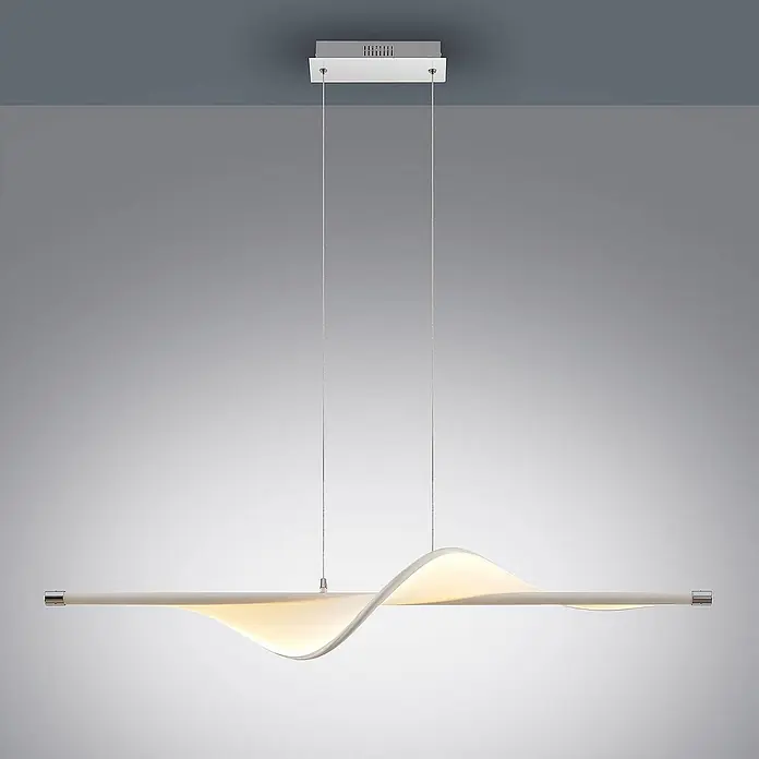 Lucande LED Pendelleuchte in weiß, chrom, Hängelampe -  - Moderne weiße lineare LED-Pendelleuchte mit gewelltem, verdrehtem Design, von rechteckiger Deckenhalterung abgehängt.