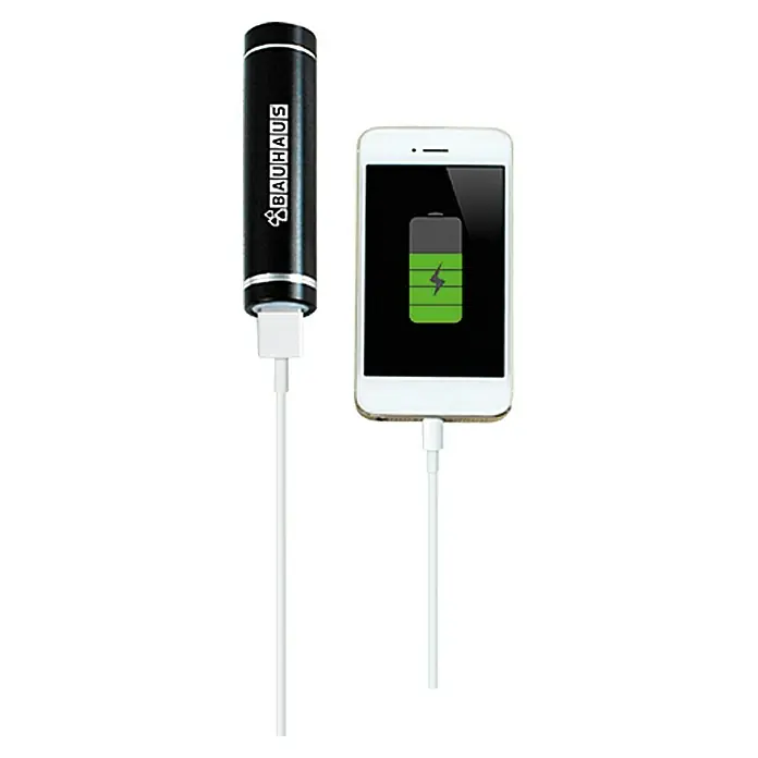 BAUHAUS Powerbank - 2.600 mAh, Negro - La power bank "Bauhaus" carga un smartphone blanco con un símbolo de batería. Un gadget práctico para cargar tu teléfono sobre la marcha.