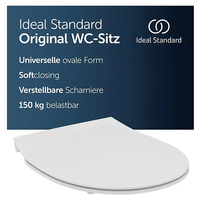 Ideal Standard WC-Sitz Universal (Slim Design) - Kunststoff, weiß, Mit Absenkautomatik - Weißer ovaler Ideal Standard WC-Sitz mit Absenkautomatik und verstellbaren Scharnieren.