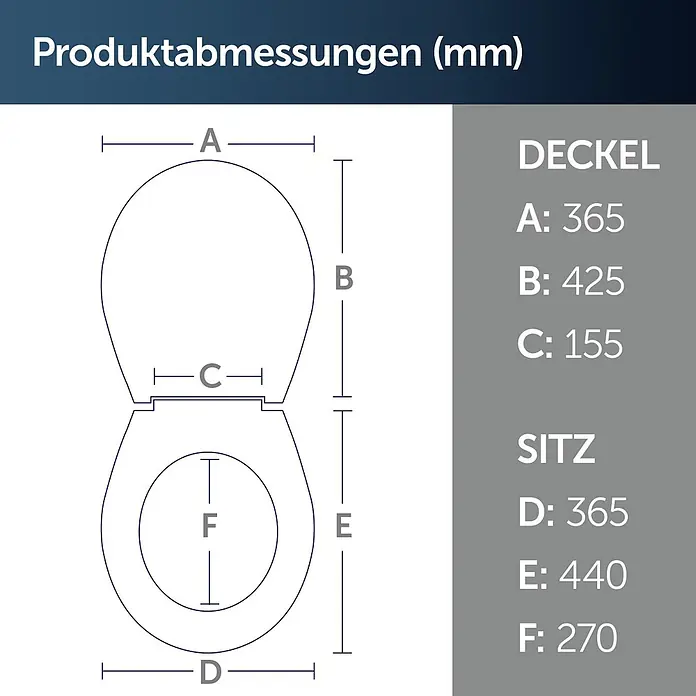 Ideal Standard WC-Sitz Universal (Slim Design) - Kunststoff, weiß, Mit Absenkautomatik - Diagramm mit Produktabmessungen für WC-Sitz und Deckel (A-F) in Millimetern, mit entsprechenden Werten für beide Teile.
