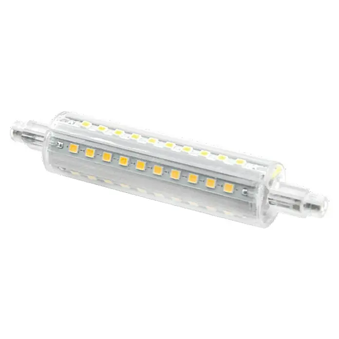 Voltolux Bombilla LED - R7s, No regulable, Blanco cálido, 1.100 lm, 10 W - Primer plano de una bombilla LED transparente con diseño lineal. Perfecta para soluciones de iluminación modernas y distribución eficiente.