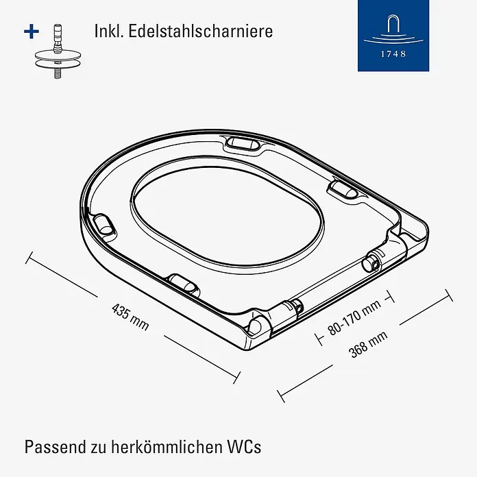 Villeroy & Boch WC-Sitz Universal - Duroplast, weiß, Mit Absenkautomatik - Toilettensitz mit Edelstahlscharnieren, Maßen 435x368 mm und verstellbaren Befestigungspunkten (80-170 mm), passend für Standard-WCs.