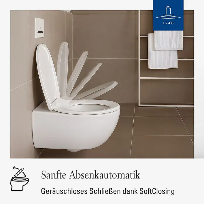 Villeroy & Boch WC-Sitz Universal - Duroplast, weiß, Mit Absenkautomatik - Weißes wandhängendes WC mit SoftClose-Sitz, der sich sanft schließt, in einem modernen Bad.