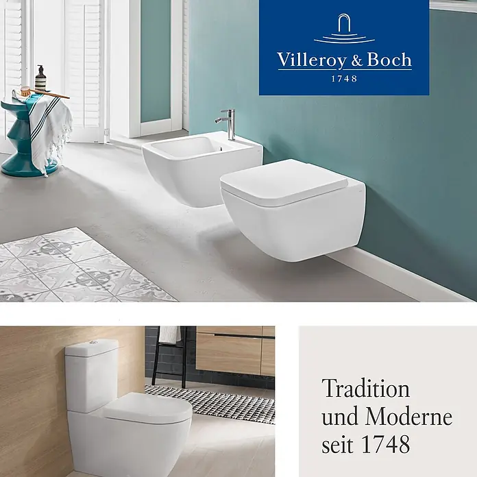 Villeroy & Boch WC-Sitz Universal - Duroplast, weiß, Mit Absenkautomatik - Modernes, weißes wandhängendes WC und Bidet im Bad, sowie eine bodenstehende Toilette.