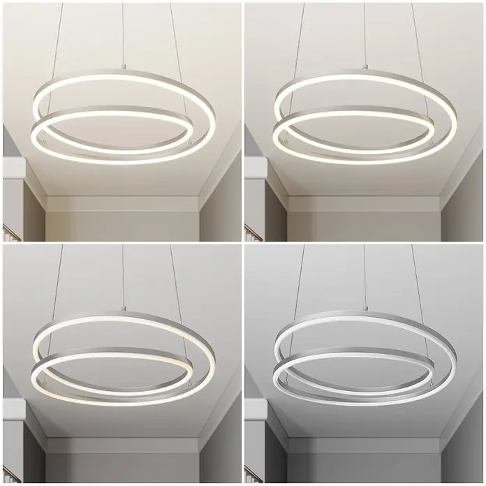Lindby Pendelleuchte Davian - alu / grau / zink, nickel satiniert - Moderne silberne LED-Pendelleuchte mit zwei überlappenden Ringen, leuchtend in verschiedenen Farbtemperaturen.