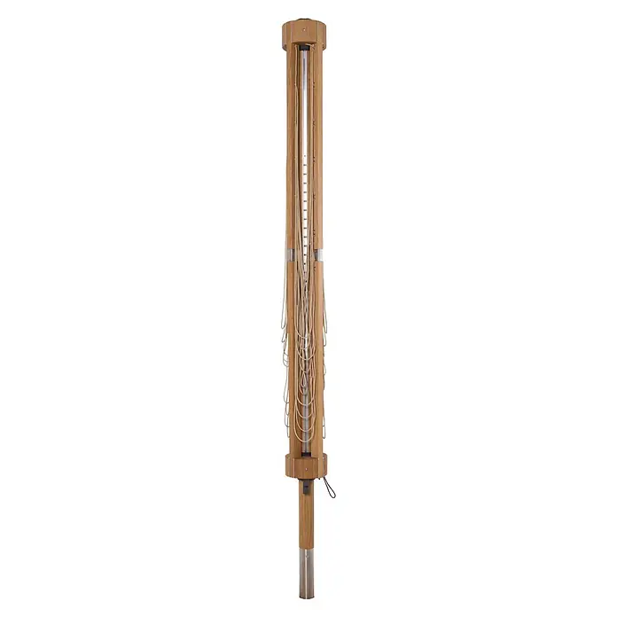 Stewi Wäschetrockner-Karusell 600 - Eiche Natur - Kompakter Wäscheständer aus Holz mit silbernen Metallelementen und mehreren Trockenleinen.