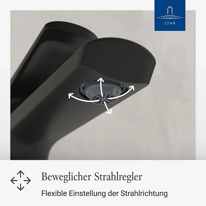 Villeroy & Boch Waschtischarmatur - Matt Black, Matt - Mattschwarzer Wasserhahn-Auslauf mit beweglichem Strahlregler. Pfeile zeigen einstellbare Strahlrichtung.