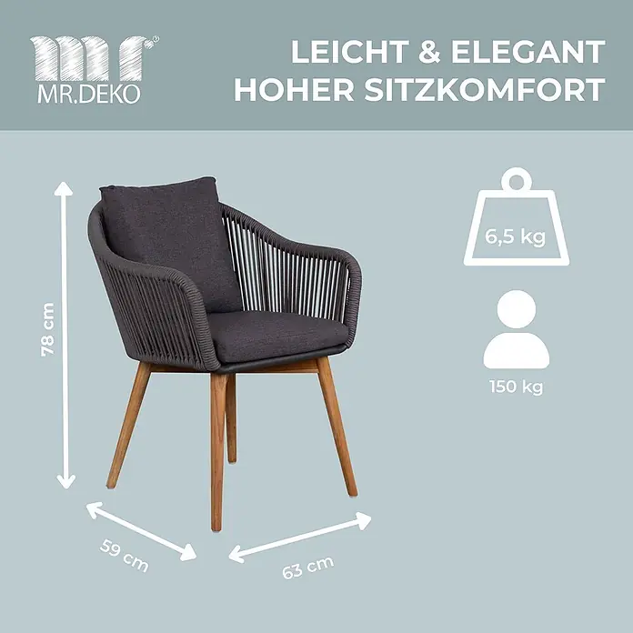 Gartenmöbelset Diningsessel Solana mit Tisch Almeria rund 120 cm -  - Dunkelgrauer geflochtener Sessel mit Holzbeinen, zeigt Maße, Gewicht (6,5 kg) und maximale Belastung (150 kg).