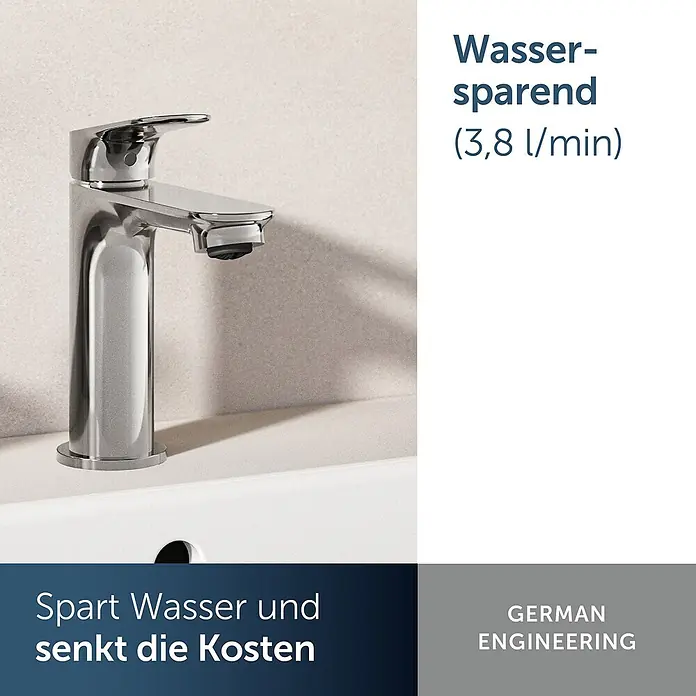 Ideal Standard Waschtischarmatur - Chrom, Hochglänzend - Verchromter Wasserhahn auf einem weißen Waschbecken.