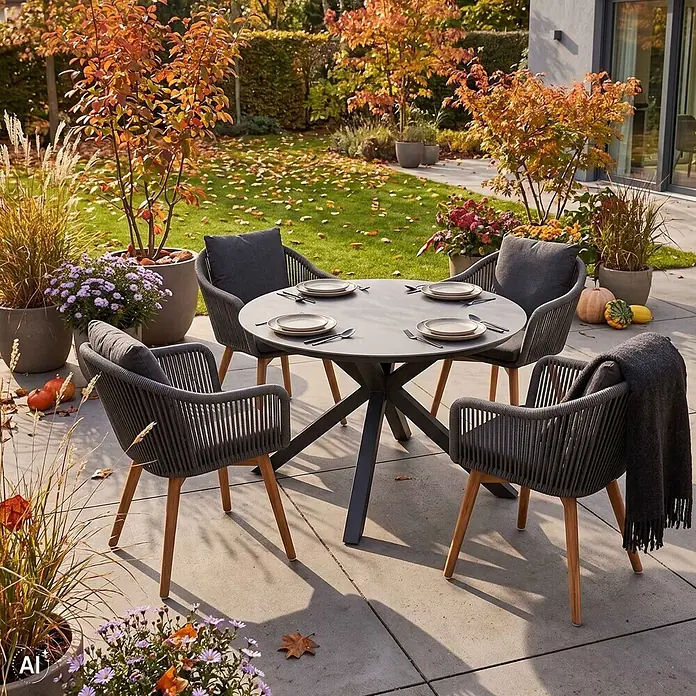 Gartenmöbelset Diningsessel Solana mit Tisch Almeria rund 120 cm -  - Grauer runder Outdoor-Esstisch mit vier grauen Seilstühlen mit Holzbeinen, in einem herbstlichen Garten.