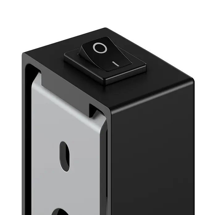 Keuco LED Kosmetikspiegel iLook move 20x20cm, mit Wippschalter, schwarz -  - Schwarzes Elektronikgehäuse mit prominentem schwarzem Wippschalter oben, das ein silbernes Innenleben zeigt.