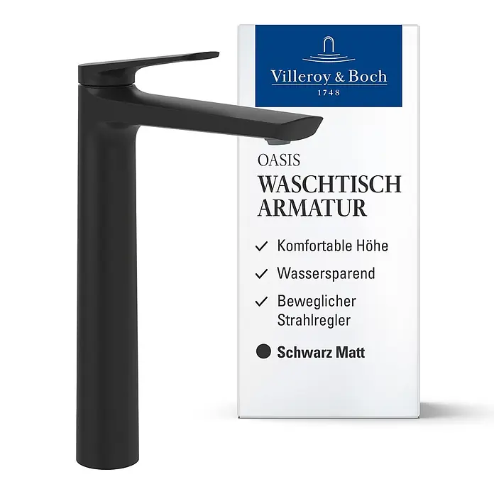 Villeroy & Boch Waschtischarmatur - Matt Black, Matt - Schwarz matte Villeroy & Boch Oasis Waschtisch Armatur mit komfortabler Höhe, Wassersparfunktion und beweglichem Strahlregler.