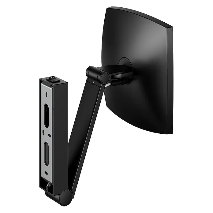 Keuco LED Kosmetikspiegel iLook move 20x20cm, mit Wippschalter, schwarz -  - Schwarze wandmontierte Monitorhalterung mit verstellbaren Gelenken, die einen schwarzen Monitor hält. Verfügt über einen Ein-/Ausschalter an der Wandbefestigung.