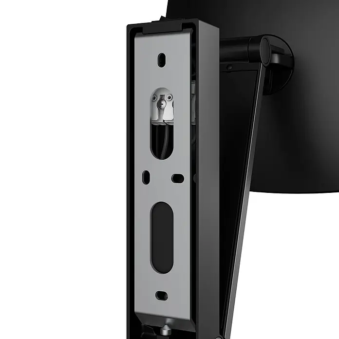Keuco LED Kosmetikspiegel iLook move 20x20cm, mit Wippschalter, schwarz -  - Rückansicht eines schwarzen Monitorarms, zeigt die graue interne Montageplatte mit Schraube und Kabelführung.