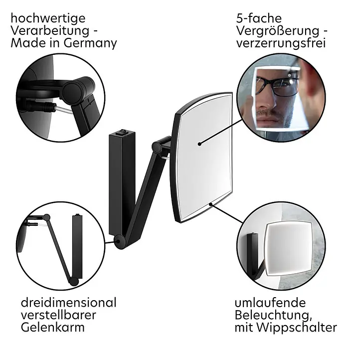 Keuco LED Kosmetikspiegel iLook move 20x20cm, mit Wippschalter, schwarz -  - Schwarzer Wand-Kosmetikspiegel mit schwenkbarem Arm, 5-facher Vergrößerung, umlaufender LED-Beleuchtung und Wippschalter. Hochwertig, Made in Germany.