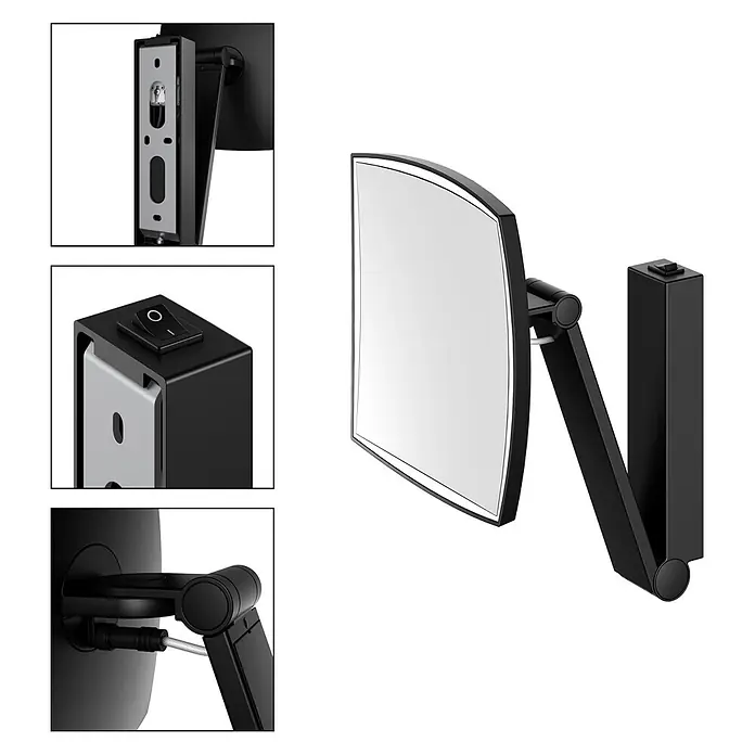 Keuco LED Kosmetikspiegel iLook move 20x20cm, mit Wippschalter, schwarz -  - Schwarzer, wandmontierter Kosmetikspiegel mit verstellbarem Arm und Lichtschalter. Nahaufnahmen zeigen Montage, Schalter und Verkabelung.