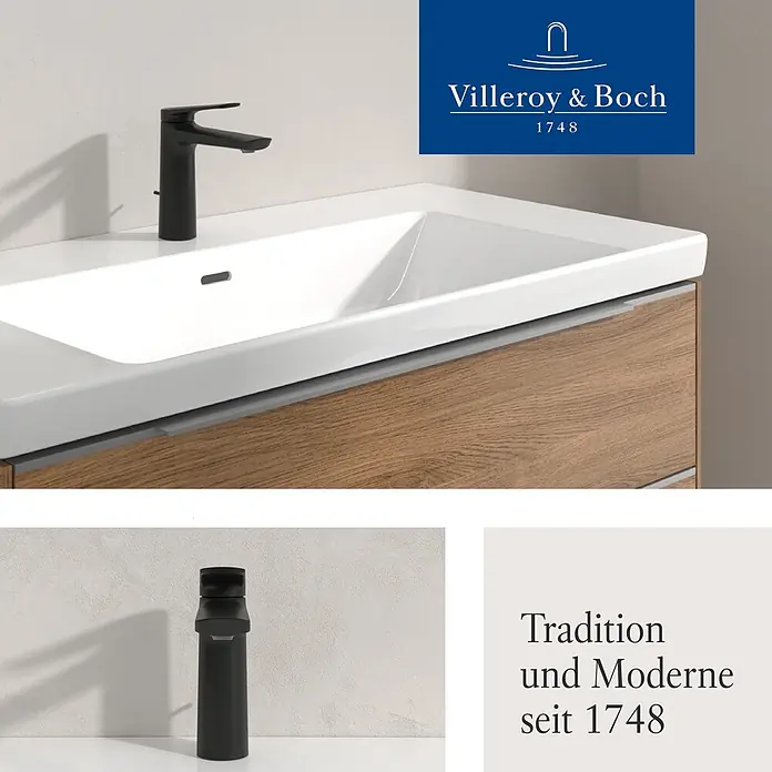 Villeroy & Boch Waschtischarmatur - Matt Black, Matt - Modernes weißes Badmöbel mit integriertem Waschbecken, mattschwarzer Armatur und Holzunterschrank.