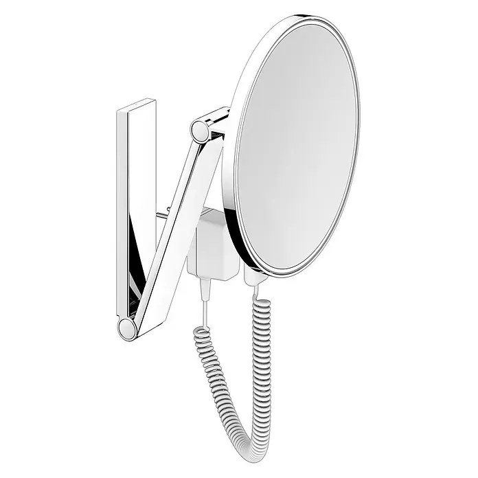 Keuco Kosmetikspiegel iLook_move - Durchmesser: 21,2 cm, Rund, Chrom, Vergrößerung 1: 500 % - Wandmontierter Chrom-Kosmetikspiegel mit verstellbarem Arm und spiralförmigem Stromkabel.