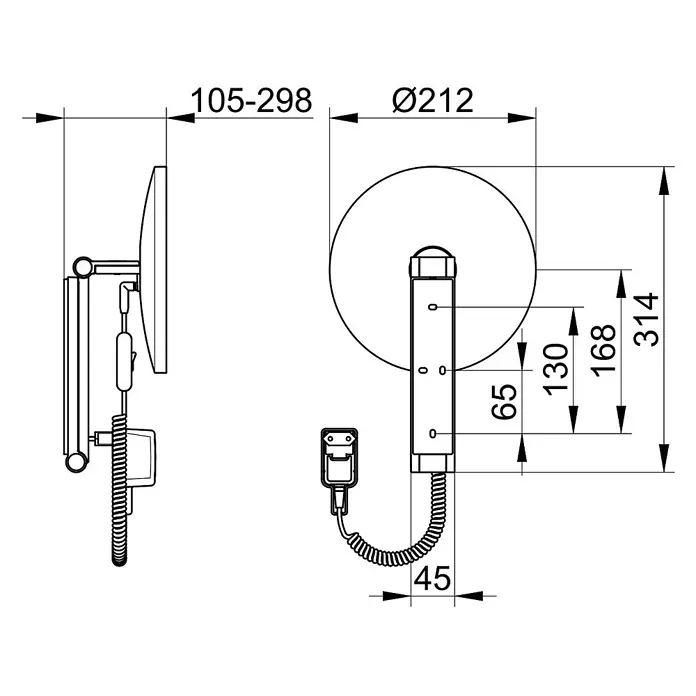 Keuco Kosmetikspiegel iLook_move - Durchmesser: 21,2 cm, Rund, Chrom, Vergrößerung 1: 500 % - Technische Zeichnung eines wandmontierten Kosmetikspiegels mit verstellbarem Arm und Handgerät, inkl. Maße.