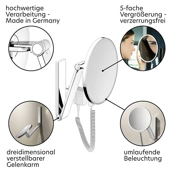 Keuco Kosmetikspiegel iLook_move - Durchmesser: 21,2 cm, Rund, Chrom, Vergrößerung 1: 500 % - Wandmontierter Chrom-Kosmetikspiegel mit 5x Vergrößerung, flexiblem Gelenkarm und integrierter LED-Beleuchtung. Deutsche Qualität.