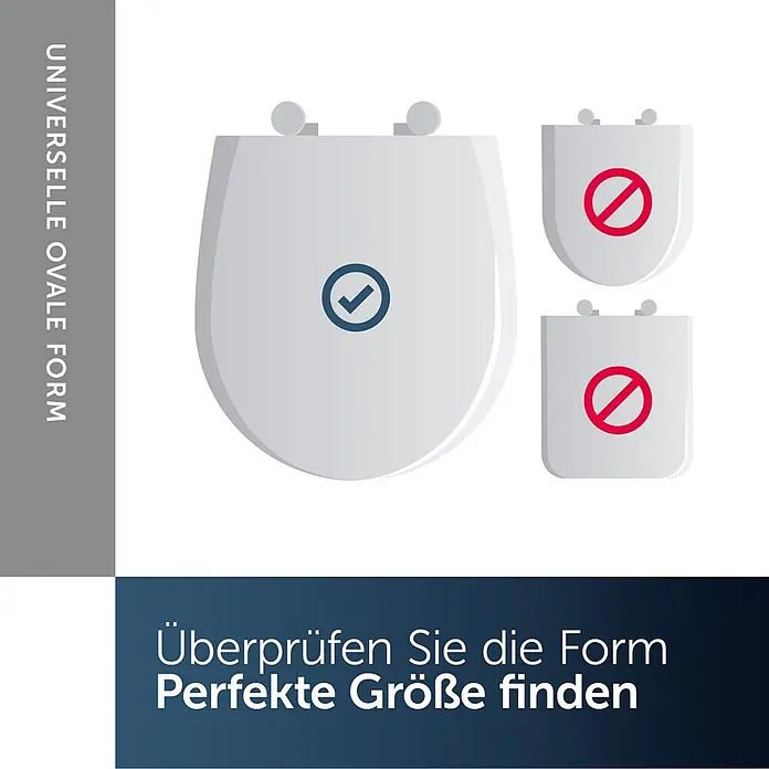 Ideal Standard WC-Sitz Universal (Slim Design) - Kunststoff, weiß, Mit Absenkautomatik - Ein universeller ovaler Toilettensitz mit Häkchen, im Kontrast zu zwei ungeeigneten Sitzformen, die mit 'Nein'-Symbolen markiert sind.