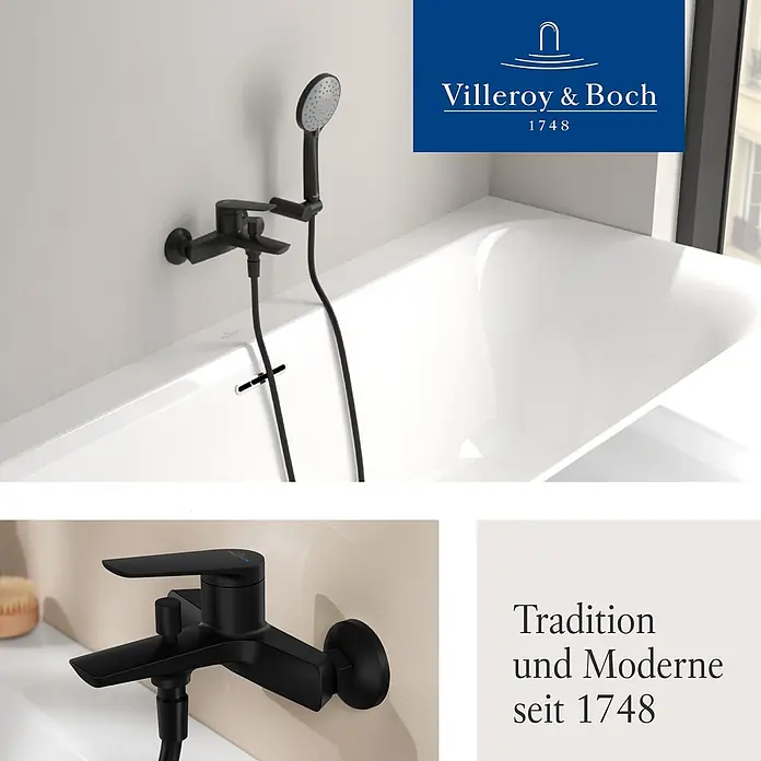 Villeroy & Boch Badewannenarmatur - Matt Black, Matt - Mattschwarze Badarmatur mit integriertem Handbrausekopf über einer weißen Badewanne montiert.