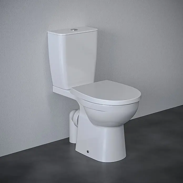 Ideal Standard WC-Sitz Universal (Wrapover) - Kunststoff, weiß, Mit Absenkautomatik - Weißes Keramik-Stand-WC mit Spülkasten und verchromtem Doppelspülknopf.