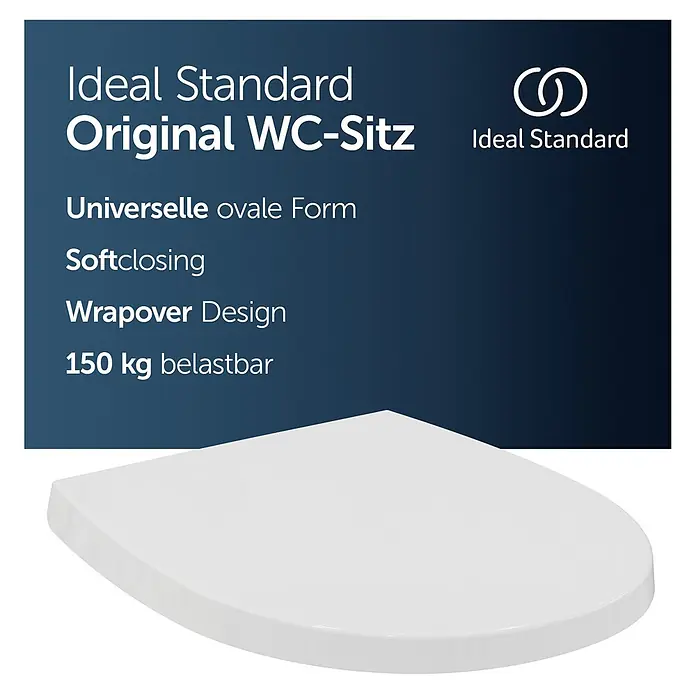 Ideal Standard WC-Sitz Universal (Wrapover) - Kunststoff, weiß, Mit Absenkautomatik - Weißer ovaler Ideal Standard WC-Sitz mit Softclosing und Wrapover-Design.
