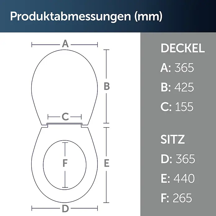 Ideal Standard WC-Sitz Universal (Wrapover) - Kunststoff, weiß, Mit Absenkautomatik - Diagramm mit WC-Sitz- und Deckelmaßen in Millimetern.