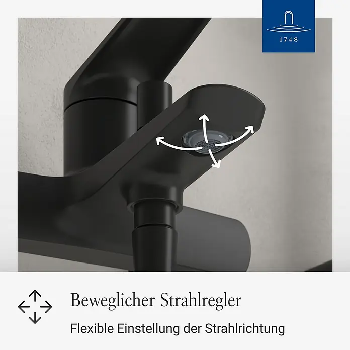 Villeroy & Boch Badewannenarmatur - Matt Black, Matt - Mattschwarze Armatur mit beweglichem Strahlregler zur flexiblen Einstellung der Strahlrichtung.