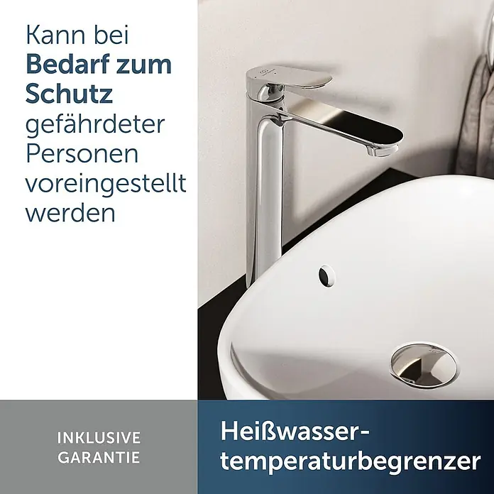 Ideal Standard Waschtischarmatur - Chrom, Hochglänzend - Verchromte Badarmatur und weißes Waschbecken. Verfügt über integrierten Heißwasser-Temperaturbegrenzer, zum Schutz gefährdeter Personen voreinstellbar.